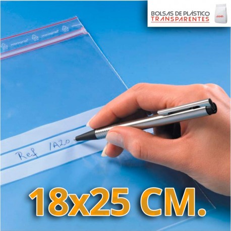 Bolsa de Plástico Transparente Polietileno Cierre Zip y Banda de Escritura  18x25 cm