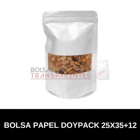 Bolsas de papel Blanco Doypack Autocierre y Ventana 25x35+12