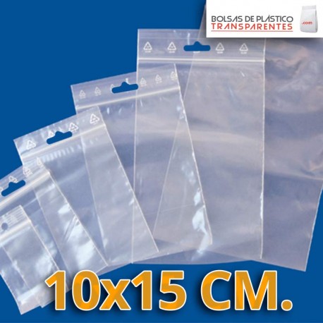 Bolsa de Plástico Transparente Polietileno Cierre Zip y Euro Taladro  10x15 cm.