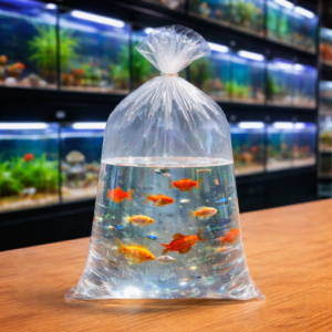 Bolsa de plástico transparente de polietileno con agua y peces vivos en tienda de acuarios.