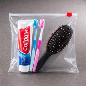 Bolsa de plástico transparente con cierre cursor rojo que contiene pasta de dientes, cepillos dentales y cepillo de pelo