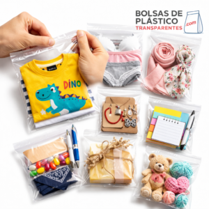 Bolsas de plástico transparentes con solapa adhesiva de polipropileno tipo celofán con camisetas infantiles, ropa interior y complementos textiles en su interior