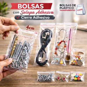Bolsas de plástico transparentes tipo celofán con solapa adhesiva de 4 cm fabricadas en polipropileno con tornillos, cables y bisutería en su interior