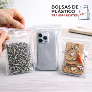 Bolsas celofán con solapa adhesiva transparentes de polipropileno tipo cristal con tornillos, funda móvil y pulseras de bisutería en su interior