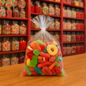 Bolsa de plástico transparente sin cierre llena de gominolas en tienda de golosinas