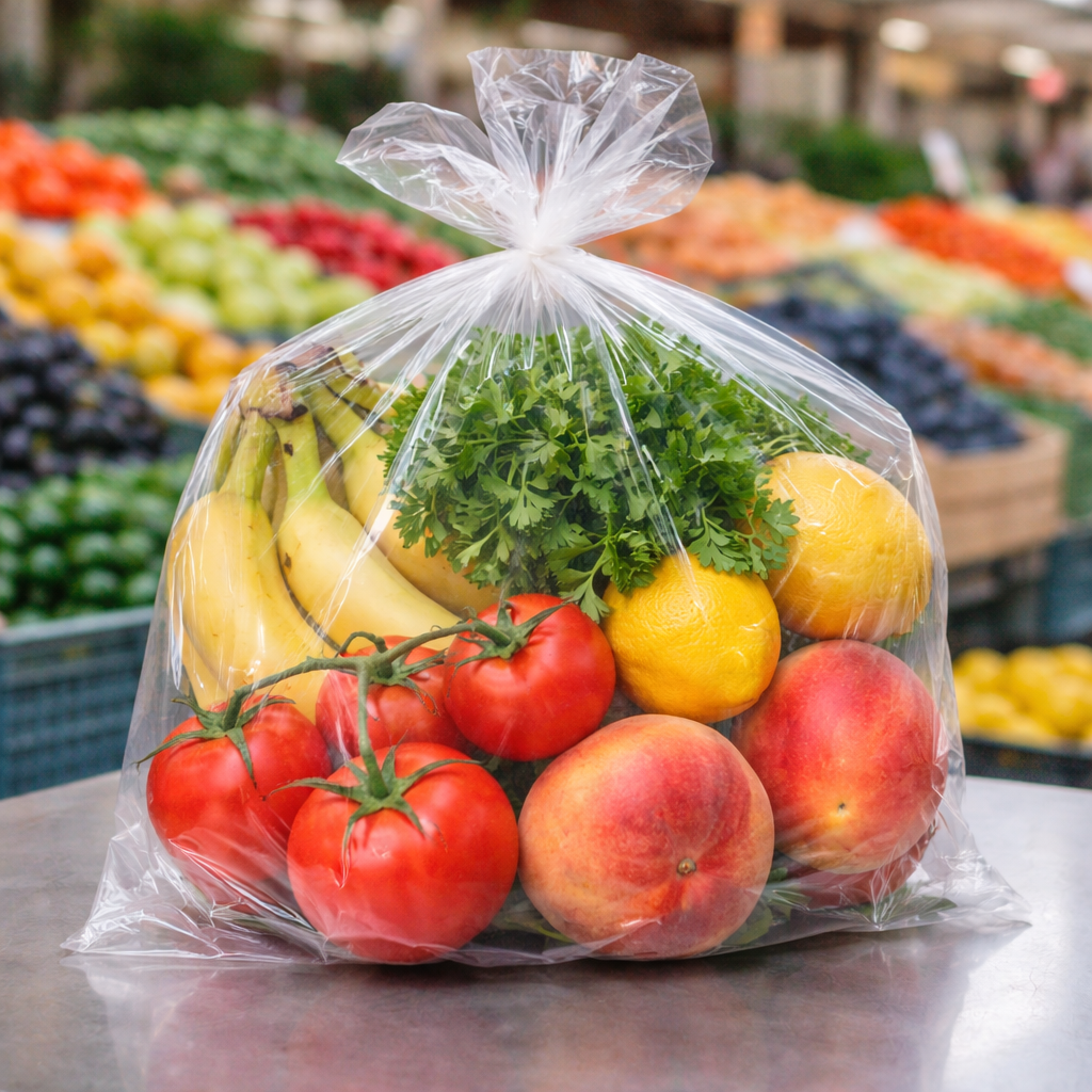 Bolsa de plástico transparente de polietileno anónima con frutas y verduras en mercado