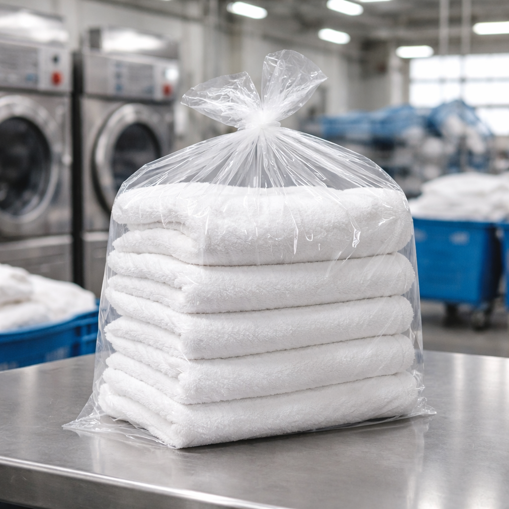 Bolsa de plástico transparente de polietileno anónima con toallas blancas en lavandería industrial
