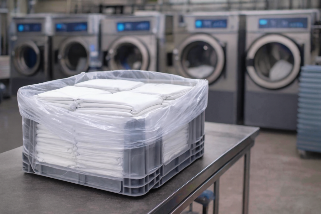 Bolsas de plástico transparentes para lavandería industrial con sábanas y ropa limpia