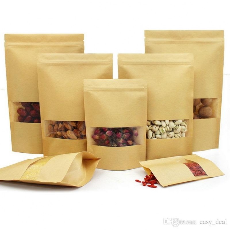 Bolsas de Papel Kraft Doypack Autocierre y Ventana 12x20+6