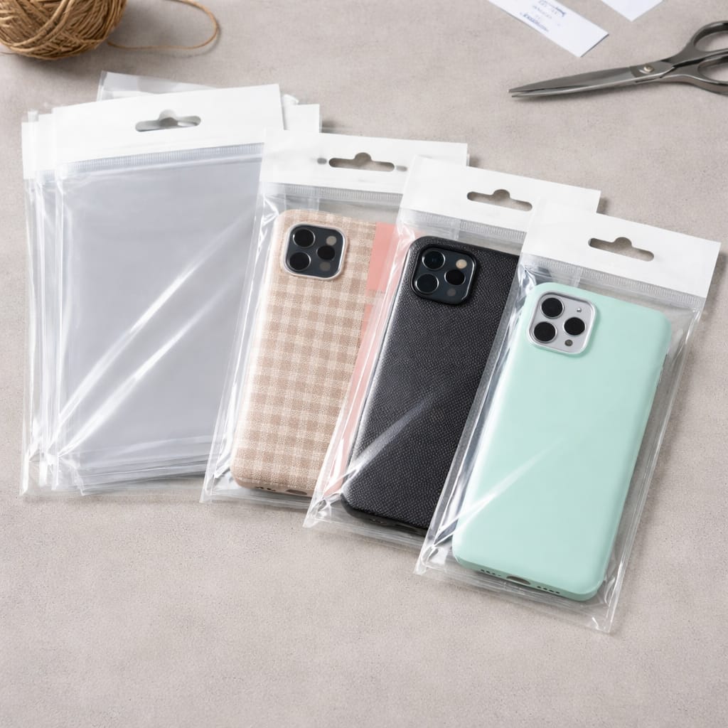 Bolsas de plástico transparentes de polipropileno con solapa adhesiva y eurotaladro anónimas para exposición en tienda