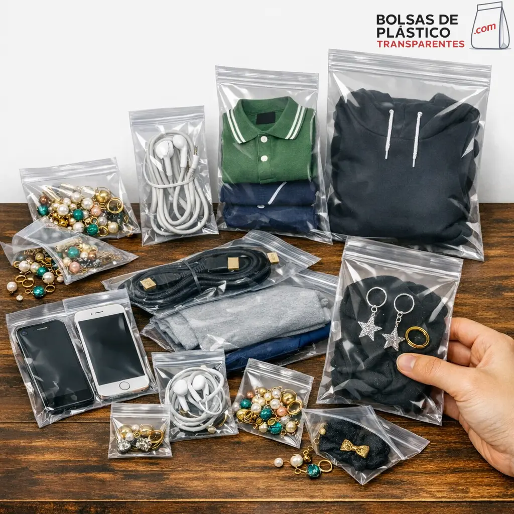 Bolsas de polipropileno con solapa adhesiva transparentes para empaquetado de ropa, cables y accesorios.