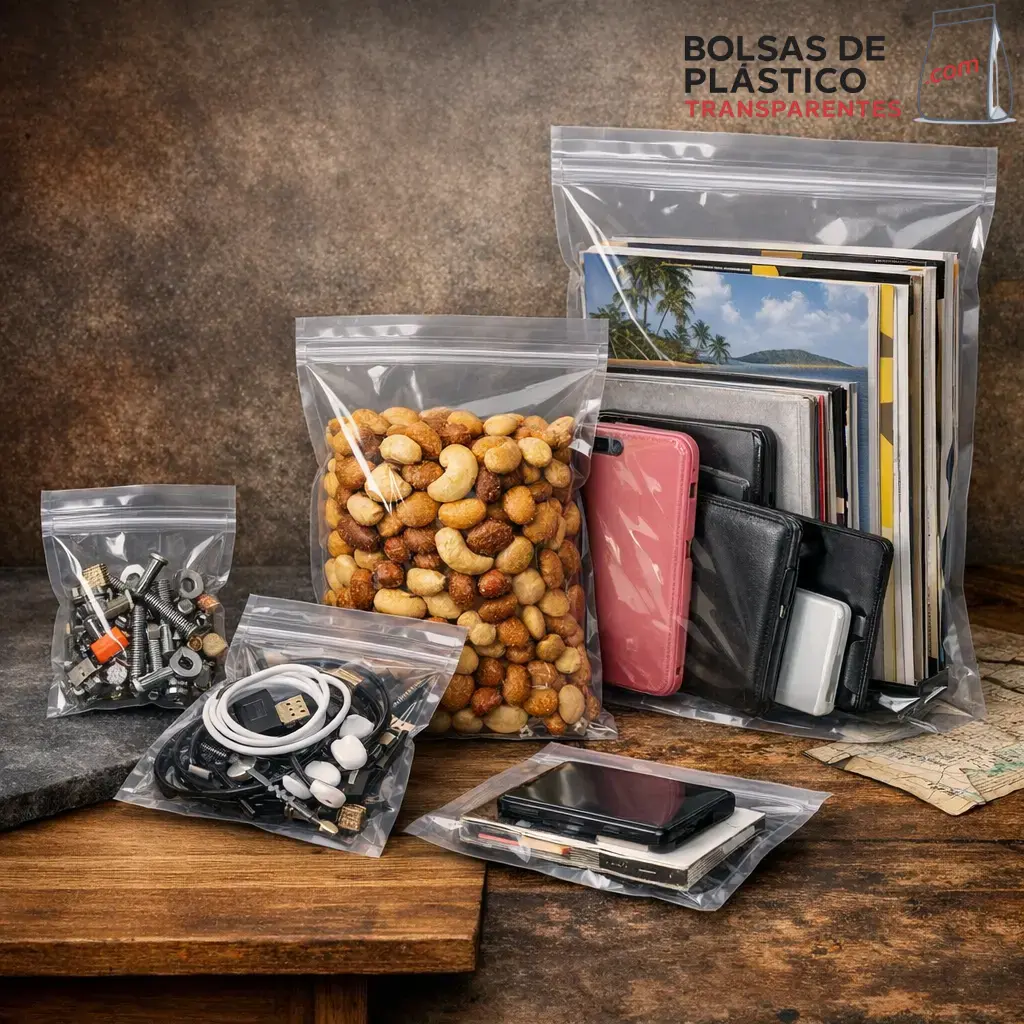 bolsas zip transparentes con frutos secos tornillos cables y documentos