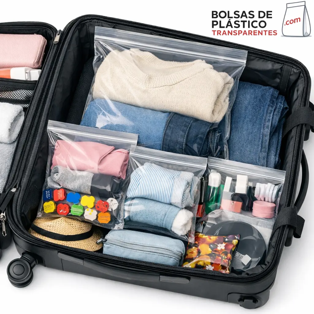 bolsas de plástico con autocierre utilizadas para organizar ropa accesorios y productos de viaje dentro de una maleta